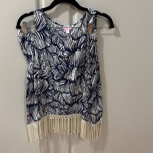 Navy and White Patterned Women's Top with Fringe and matching shorts